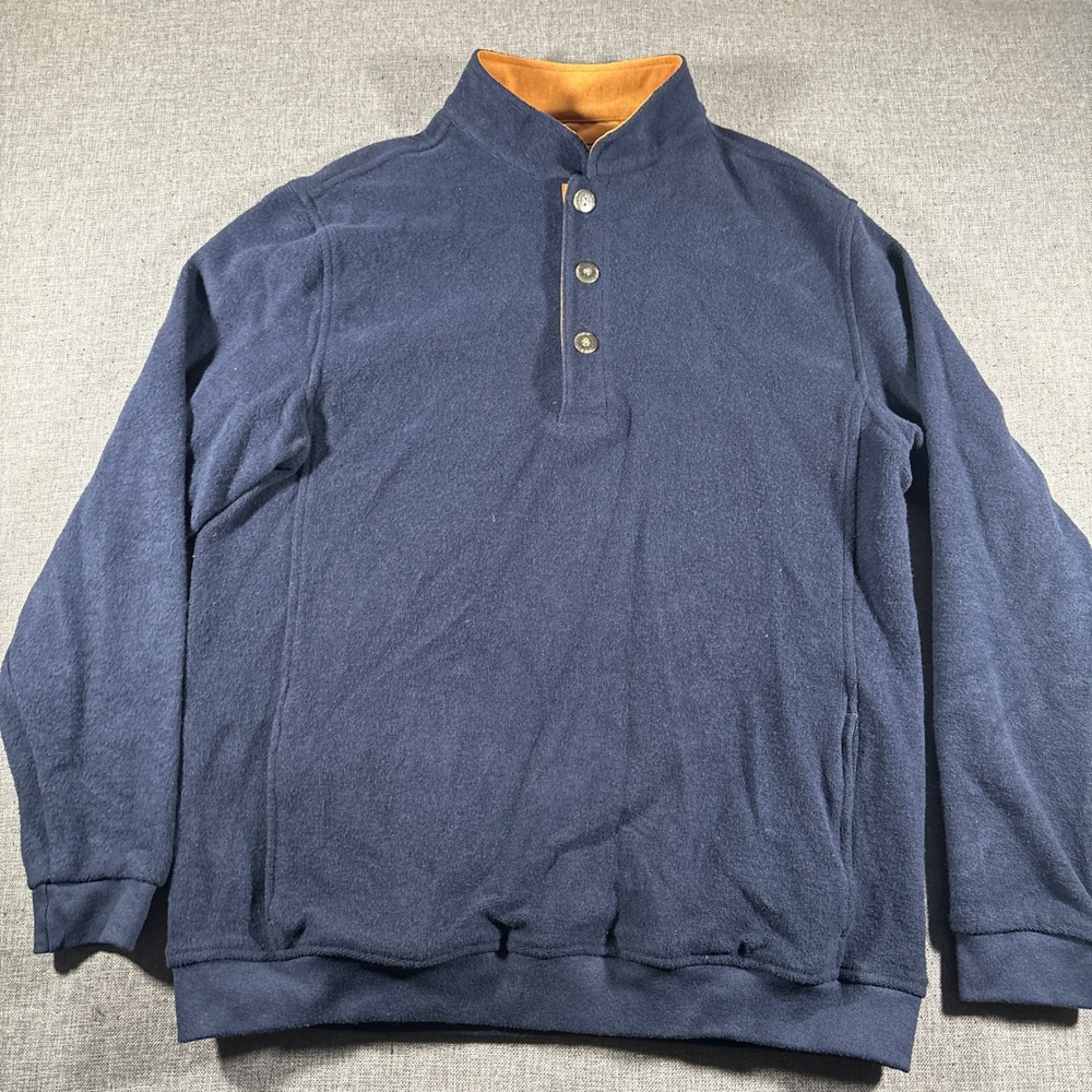 Straight Down Fleece Pullover Mens Medium Navy Blue Quarter‎ Button Made in USA